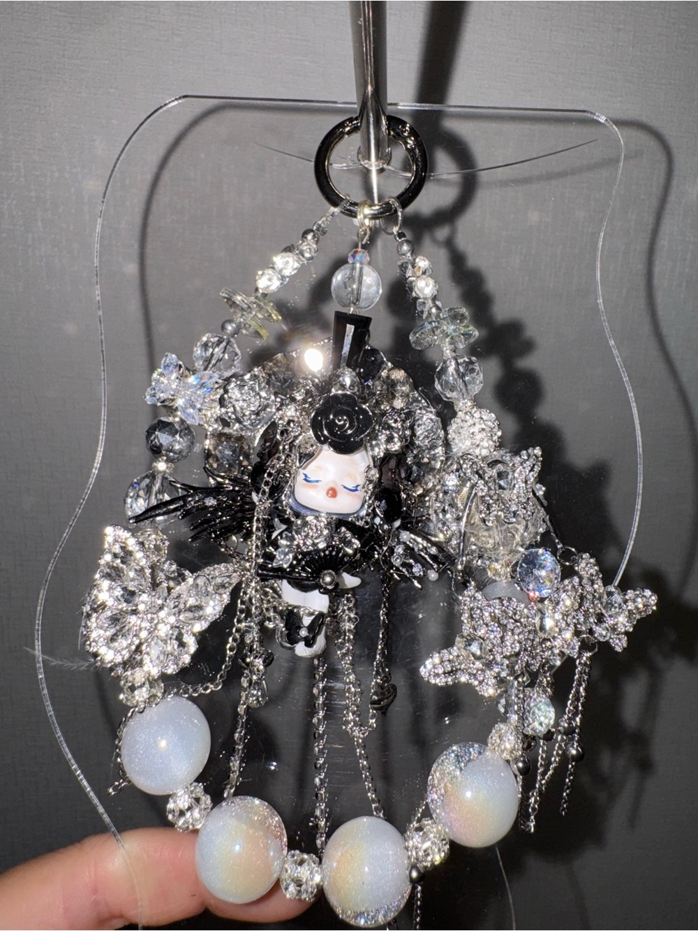Skullpanda Crystal Beaded Keychain Charm with Doll Accent - Silver & Iridescent